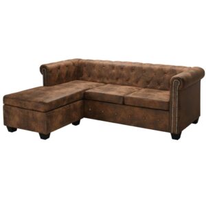 L-shaped Chesterfield Sofa Artificial Suede Leather Brown