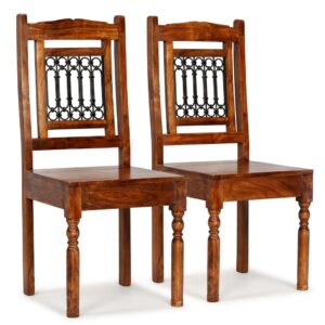 Set of Two Elegant Solid Wood Dining Chairs Honey Finish Cast Iron Detail