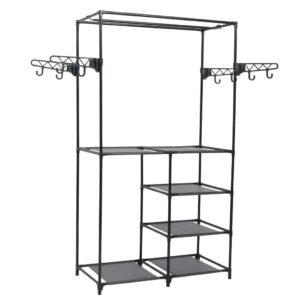 Black Powder-Coated Steel Clothes Rack with Non-Woven Shelves and Side Hooks