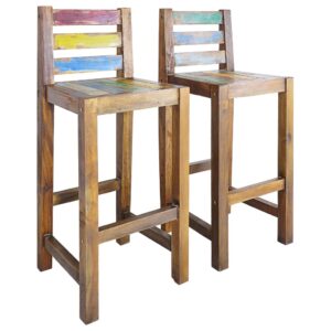 Vintage  Reclaimed Wood Bar Stools Multicolor Polished Pair Rustic Chic