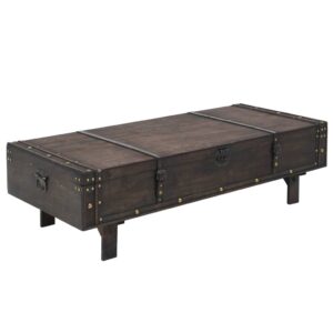 Vintage Solid Wood Coffee Table with Storage Leather Straps Metal Details