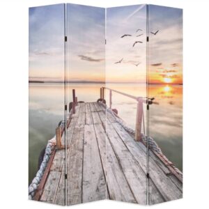 Elegant Folding Privacy Screen Room Divider Canvas Lake Sunset Print Decor