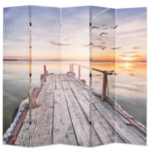 Elegant Folding Privacy Screen Room Divider Sunset Lake Canvas Wooden Frame