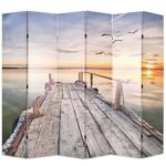 Folding Privacy Screen Room Divider Canvas Wooden Frame Sunset Lake Print Decor