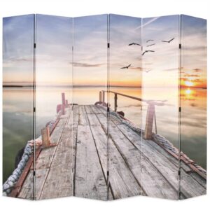 Folding Privacy Screen Room Divider Canvas Wooden Frame Sunset Lake Print Decor