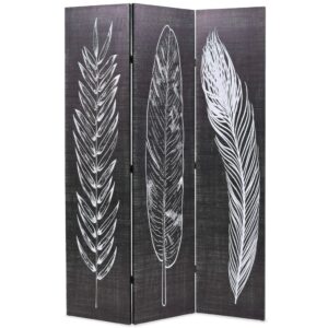 Elegant Folding Privacy Screen Room Divider Feather Print Black White Canvas