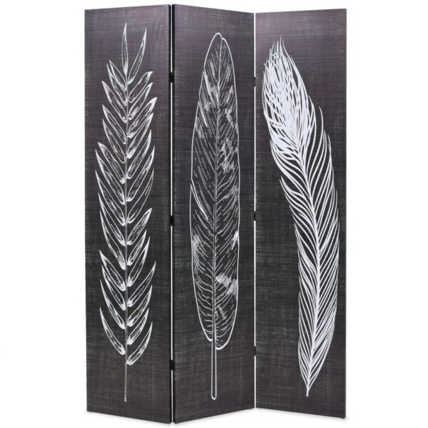 Elegant Folding Privacy Screen Room Divider Feather Print Black White Canvas