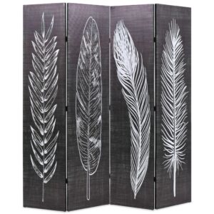 Elegant Folding Privacy Screen Room Divider Feather Print Black White Canvas