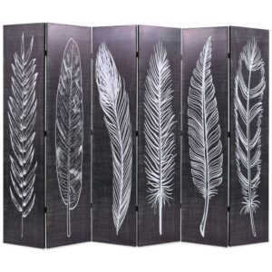 Elegant Folding Privacy Screen Room Divider Canvas Feather Print Black White