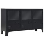 Industrial  Metal Sideboard Storage Cabinet with Glass Doors & Shelves Black