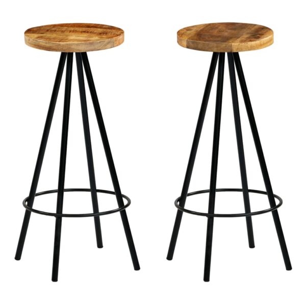 Set of Two Industrial Mango Wood Bar Stools with Steel Frame and Footrest