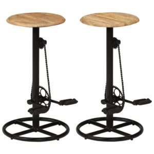 Set of Two Industrial  Solid Mango Wood & Steel Bar Stools with Footrests