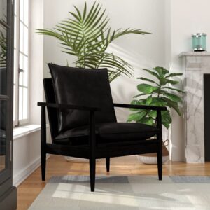 Luxurious Black Leather Armchair Solid Acacia Wood Retro Living Room Comfort