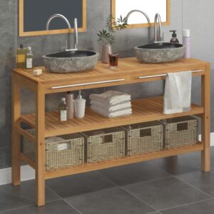 Bathroom Vanity Cabinet Solid Teak with Riverstone Sinks