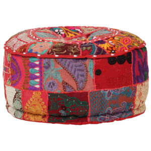 Vintage Handmade Cotton Pouffe Exotic Embroidered Patchwork Round Ottoman Red