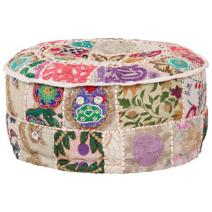 Vintage Handmade Cotton Pouffe Ottoman Patchwork Embroidered Round Beige Stool