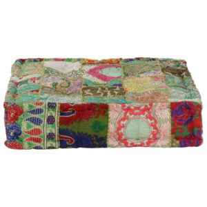 Vintage Handmade Cotton Pouffe Square Patchwork Embroidered Green Ottoman