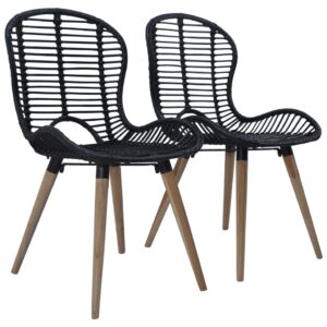 Set of Two Elegant Rattan Dining Chairs Black with Wooden Legs Vintage