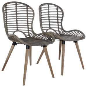 Set of Two Elegant Rattan Dining Chairs with Wooden Legs Kitchen Furniture