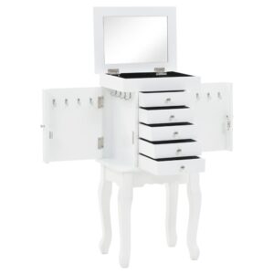 White Free Standing Jewelry Cabinet Organizer Pine Wood Legs MDF Storage Box