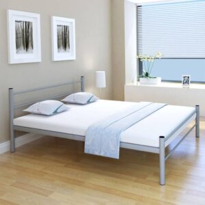 Queen Size Metal Bed Frame Durable Grey Finish Comfort Slats Elegant Bedroom