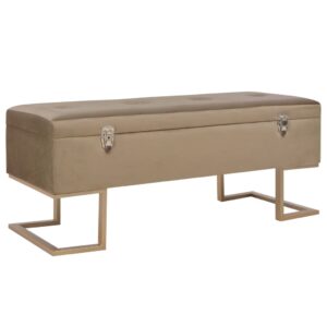 Chic Beige Velvet Upholstered Bench with Interior Storage and Gold Iron Legs