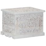 Elegant Solid Acacia Wood Storage Box Carved Pattern White Finish Decorative