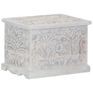 Elegant Solid Acacia Wood Storage Box Carved Pattern White Finish Decorative