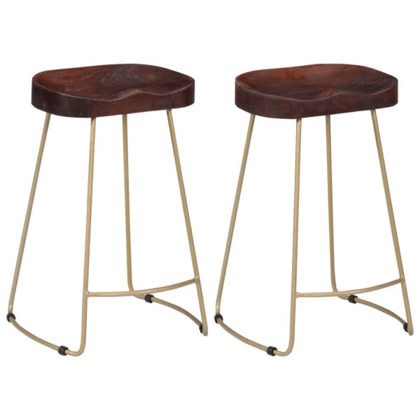 Set of Two Handcrafted Solid Mango Wood Retro Bar Stools with Brass