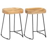 Set of Two Handcrafted Solid Mango Wood Retro Bar Stools with Iron Base