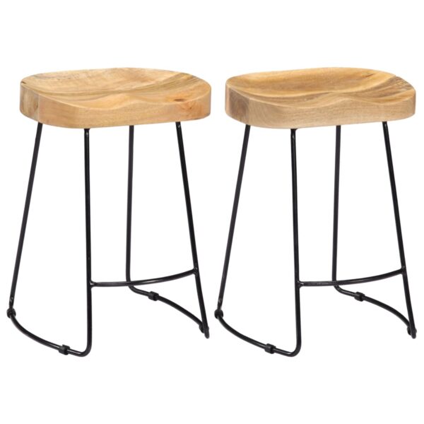 Set of Two Handcrafted Solid Mango Wood Retro Bar Stools with Iron Base