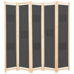 Stylish Grey Fabric Room Divider Privacy Screen with Solid Wood Frame 5 Panels