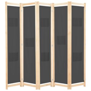 Stylish Grey Fabric Room Divider Privacy Screen with Solid Wood Frame 5 Panels