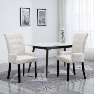 Elegant Beige Fabric Dining Chair with Armrests Comfortable Oak Wood Legs