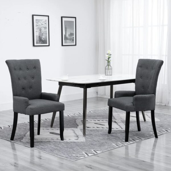 Elegant Dark Grey Fabric Dining Chair with Armrests Comfortable Oak Wood Legs