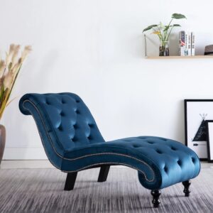 Luxurious Blue Velvet Chaise Lounge Elegant Tufted Scroll Design Comfort Sofa