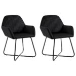 Set of Two Elegant Black Velvet Dining Chairs with Armrests and Steel Legs