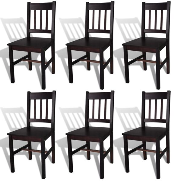 Elegant Set of Six Solid Pine Wood Dining Chairs Ergonomic Brown Kitchen Seating