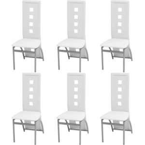 Elegant White Faux Leather Dining Chairs Set of Six High Backrest Comfort Design