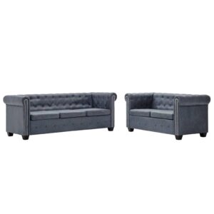 Chesterfield Sofa Set Artificial Suede Leather Grey