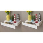 Chic White Floating Wall Shelves with Concealed Drawers Storage Display Set