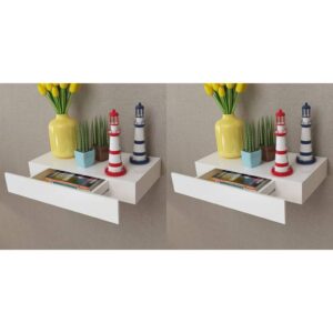 Chic White Floating Wall Shelves with Concealed Drawers Storage Display Set