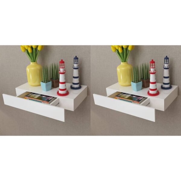 Chic White Floating Wall Shelves with Concealed Drawers Storage Display Set