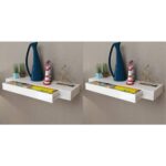 Chic White Floating Wall Shelves with Concealed Drawers Storage Display Set