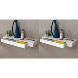 Chic White Floating Wall Shelves with Concealed Drawers Storage Display Set