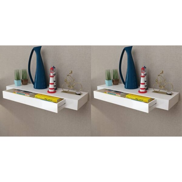 Chic White Floating Wall Shelves with Concealed Drawers Storage Display Set