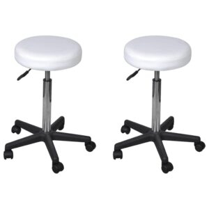 Set of Two White Adjustable Faux Leather Office Stools with Castors and Gas Lift