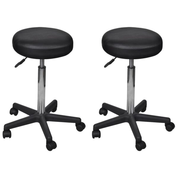 Set of Two Adjustable Faux Leather Office Stools with Castors and Gas Lift Black