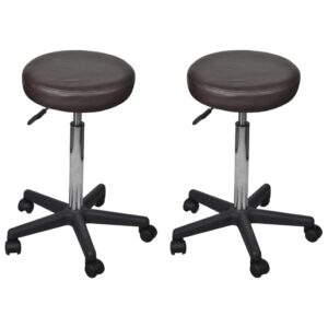 Set of Two Adjustable Faux Leather Office Stools with Castors in Brown