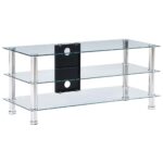 Modern Transparent Tempered Glass TV Stand with Stainless Steel Shelves Cable Management